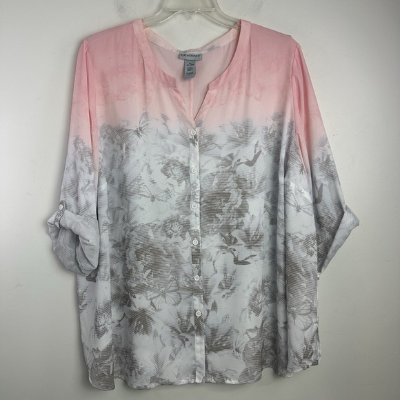 Catherines Tops - Catherines Top Womens Plus 3X 26/28W Pink Grey Floral Print Button Up Blouse